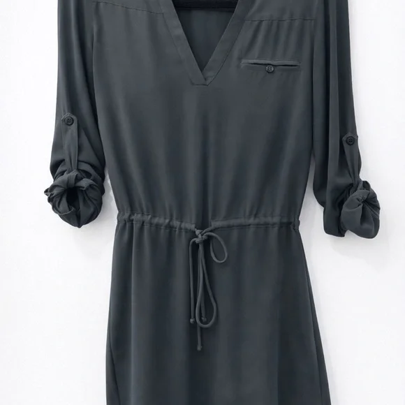 Naked Zebra Slate Gray V-Neck Mini Shirt Dress Tab Sleeve Sexy Chic - Picture 2 of 4